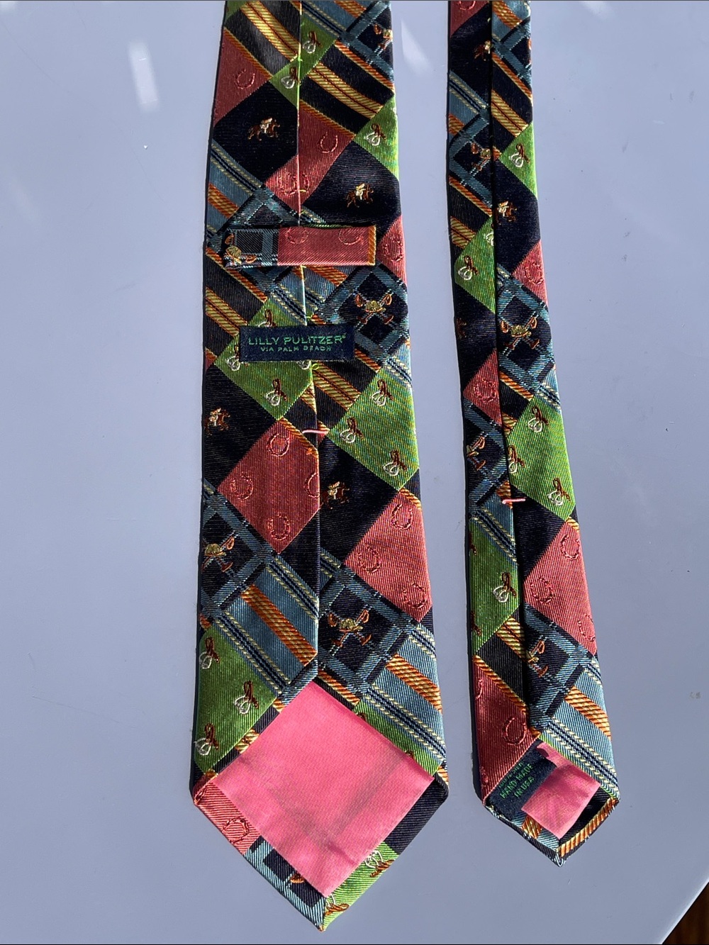 Lilly Pulitzer Vintage Kentucky Derby Silk Tie in Coral, Olive & Navy - Picture 2 of 7